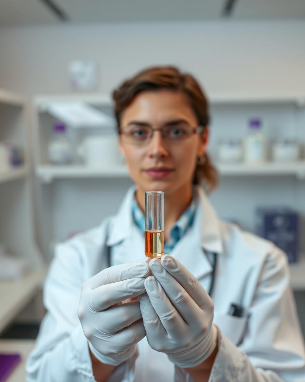 Laboratory specialist presenting a sample vial